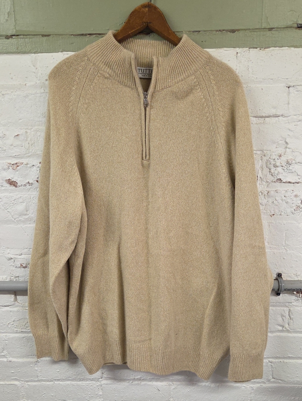 Men's Beige Half-Zip Sweater Size XL 48 Chest Wool And Cashmere